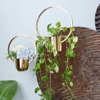 Gold Iron Modern Glam Contemporary Hanging Planter Variety - S/2 10", 13"H