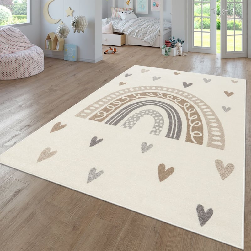 Kids Rug with Rainbow and Hearts in Pastel Colors - 6'7" x 9'2" - cream