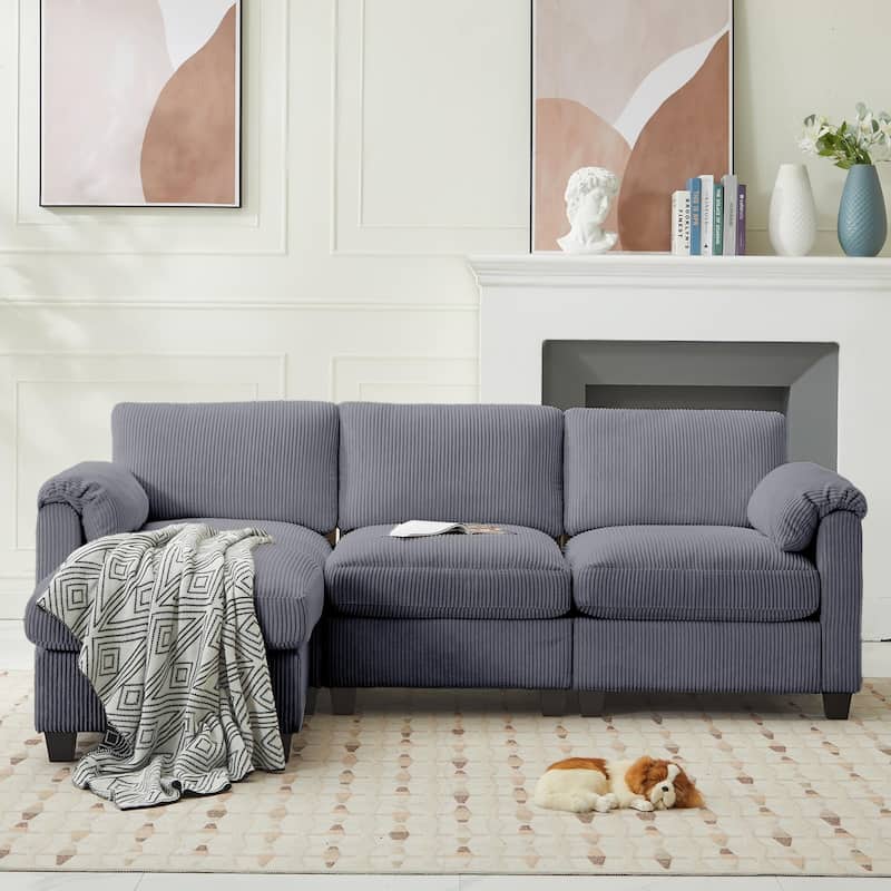 Corduroy Sectional Sofa with a Removable Ottoman, L-shaped Reversible 4-seat Modular Couch