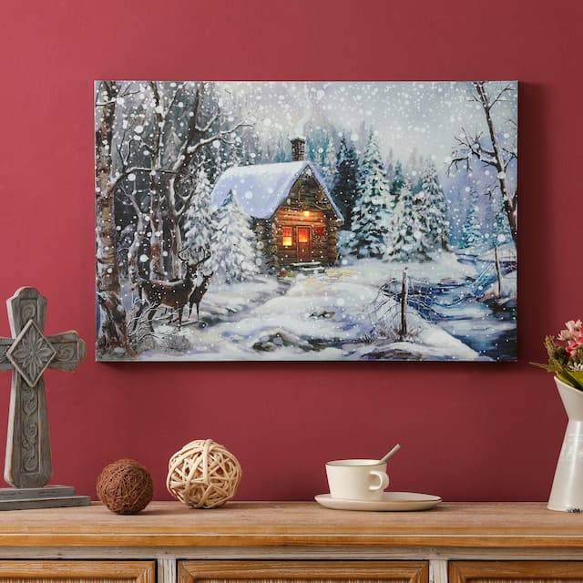 Christmas Winter Wonderland Log Cabin Lighted Canvas Print - 15.63" H x 23.62" W x 0.98" D