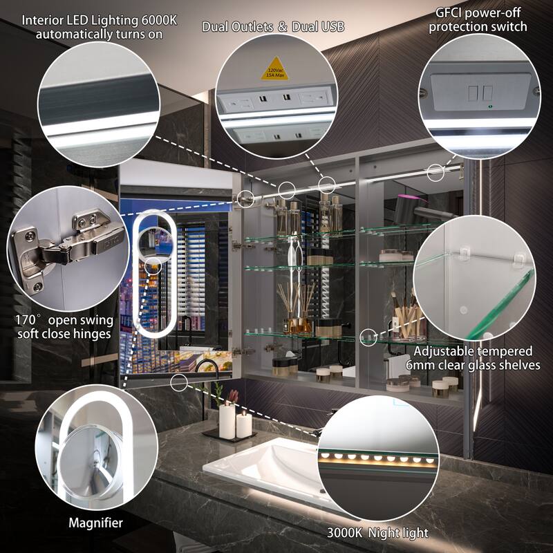 Modland 24"-42W x 36"H LED Medicine Cabinet Mirror with USB Charging,5x Makeup Mirror