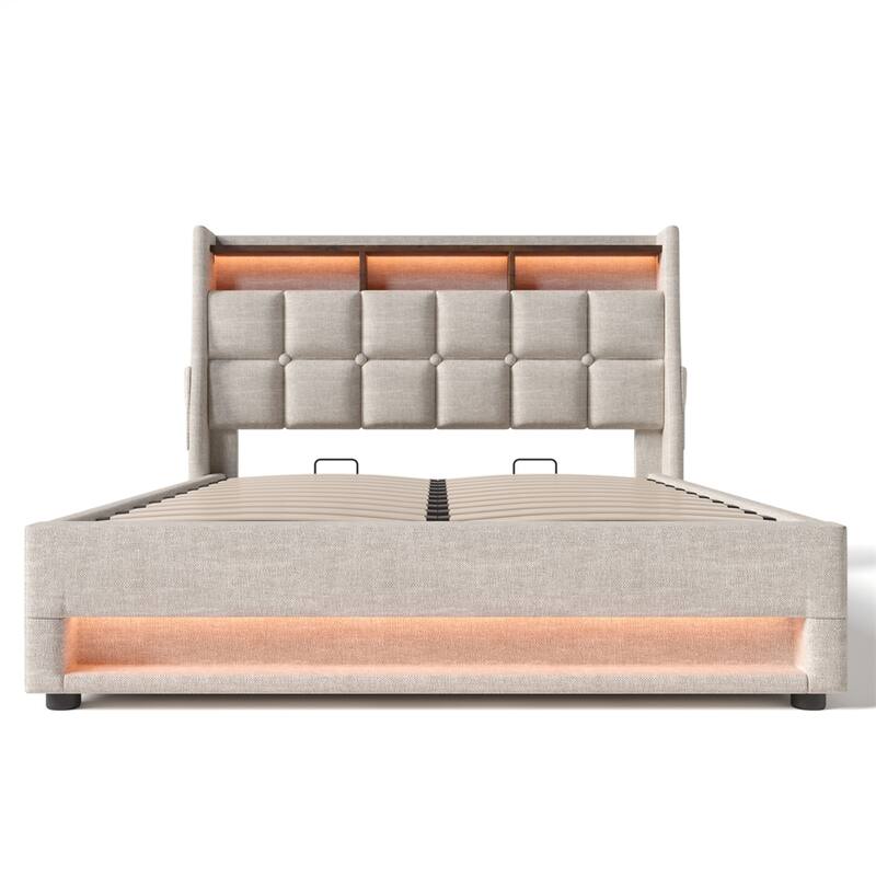 Queen Size Upholstered Platform Bed w/ a Hydraulic Storage System, LED - Natural