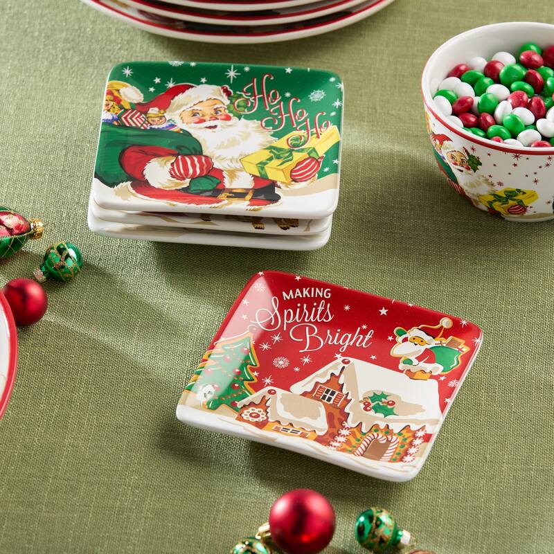 Certifed International Santa's Retro Christmas Set of 4 Canape/Appetizer/Luncheon Plates 6" Assorted Designs