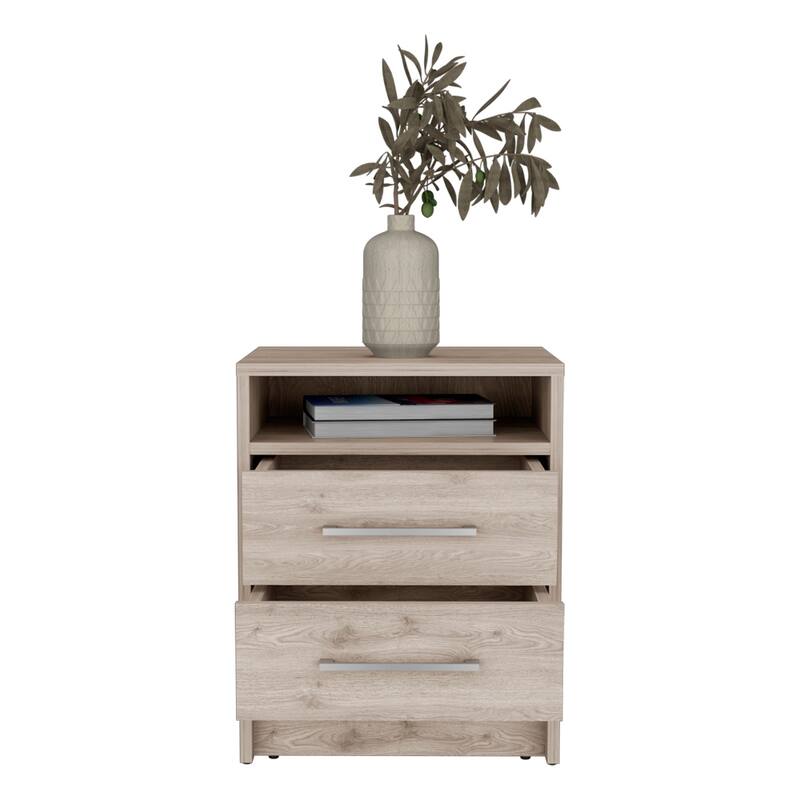 Light Gray Nightstand with Two Drawers and Open Shelf