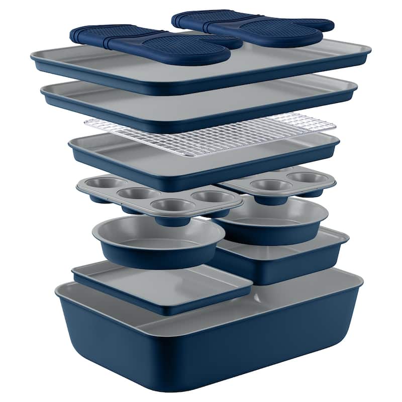 Country Kitchen Nonstick Stackable Bakeware Set - Durable, Easy Release Baking Set, Cream, 13 Pcs - Blue