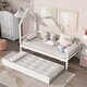 preview thumbnail 1 of 7, Twin Size Daybed with Trundle, Wooden Platform Bed Frame with House-Shaped Headboard and Fence Guardrails for Kids Boys Girls White - Twin