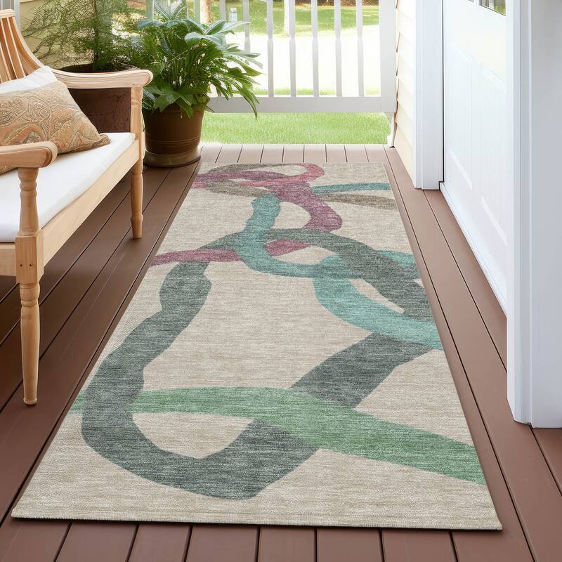 Machine Washable Indoor/ Outdoor Abstract Links Chantille Rug - Tan - 2'3" x 7'6"