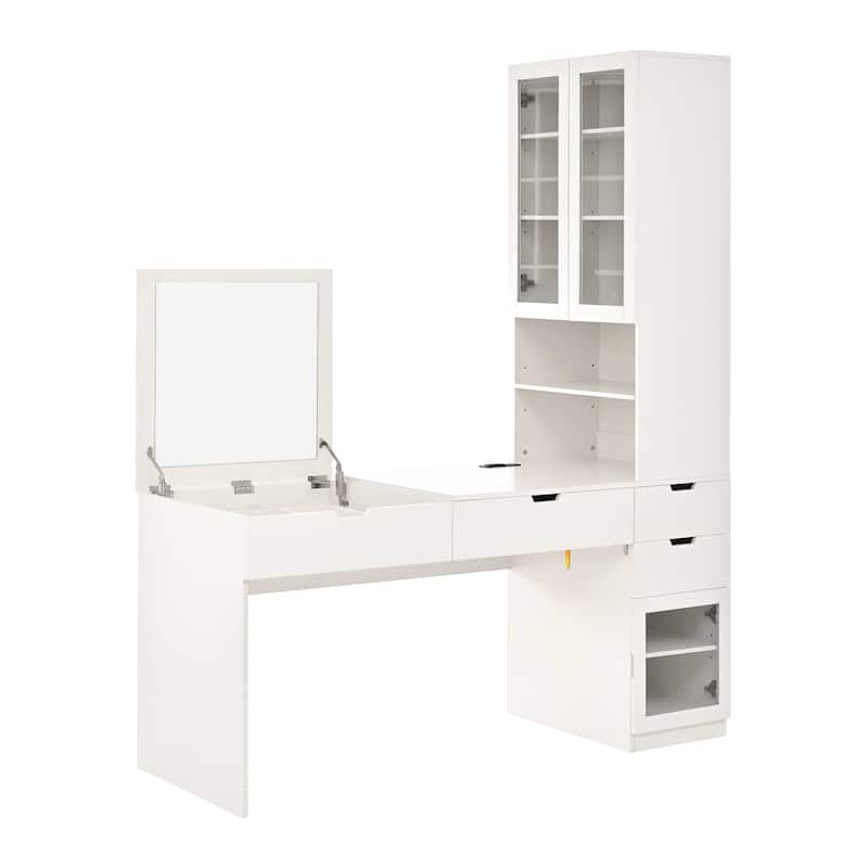 Computer Desk, Home Office Desk with 2 Drawer and Bookshelf, L Shaped Gaming Desk with Mirror and Charging Station