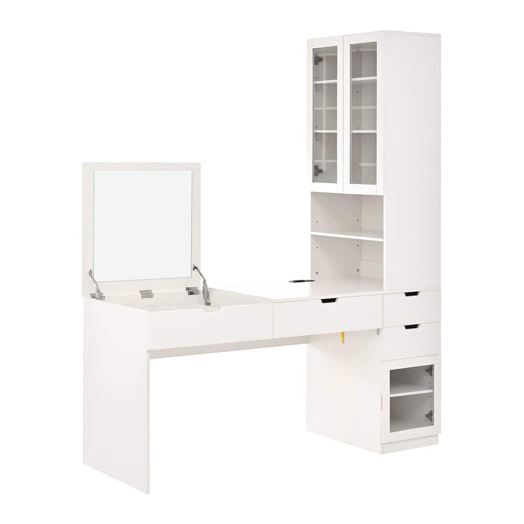 Versatile Makeup Vanity Desk with Mirror Charging Station 8 Storage Compartments and 3 Drawers