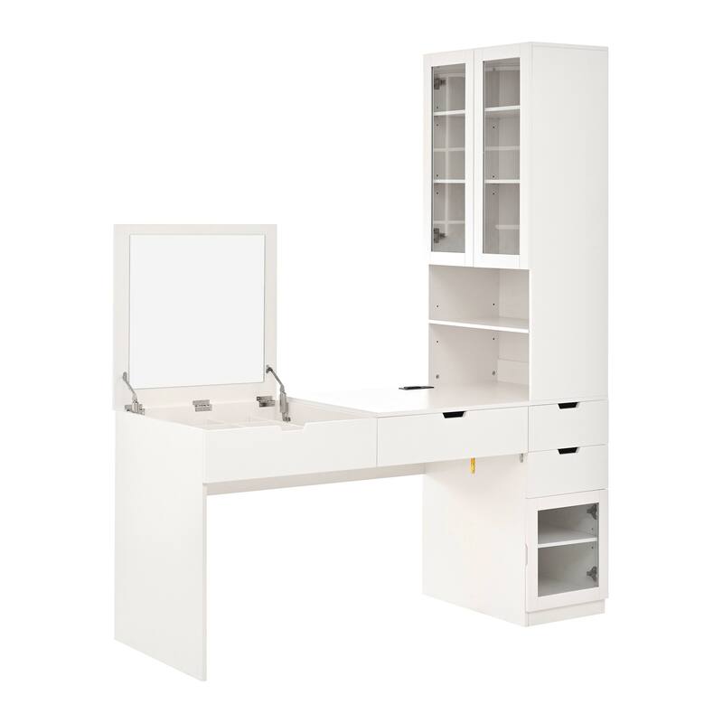 Versatile Makeup Vanity Desk with Mirror Charging Station 8 Storage Compartments and 3 Drawers - White