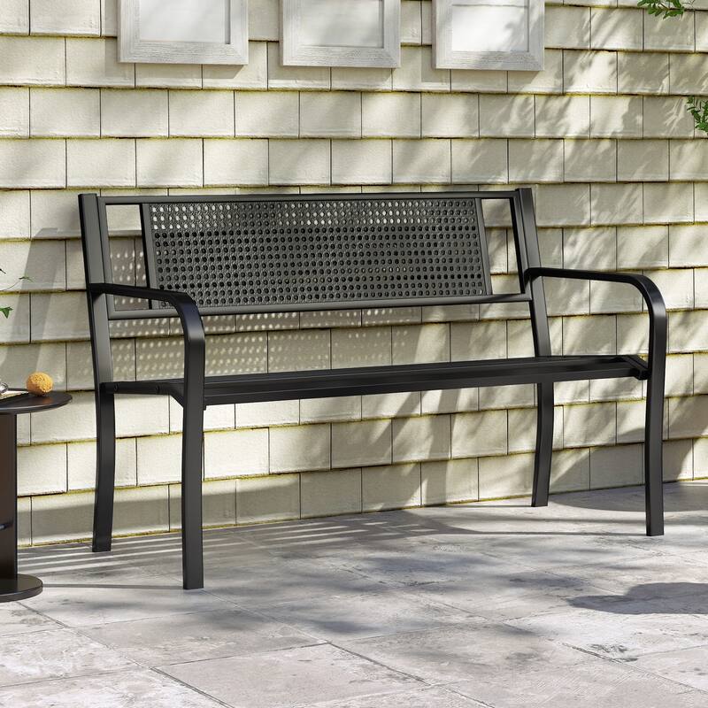 Black Metal Garden Bench with Patterned Backrest and Curved Armrests - 50" L × 23" W × 32" H