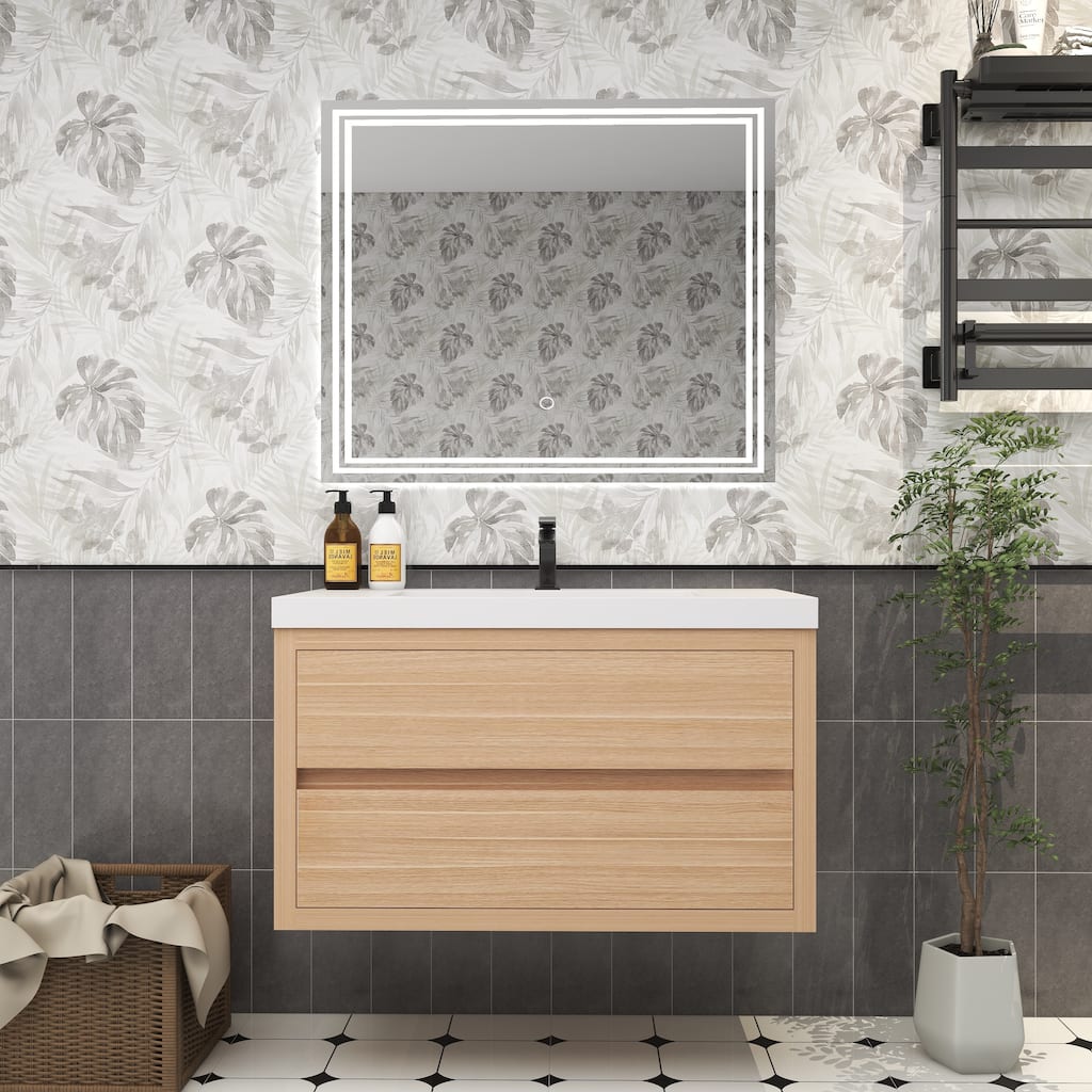 Scandinavian 36" Floating Bathroom Vanity in White Oak with Integrated Acrylic Sink and Soft-Close Drawers (Louis Collection)