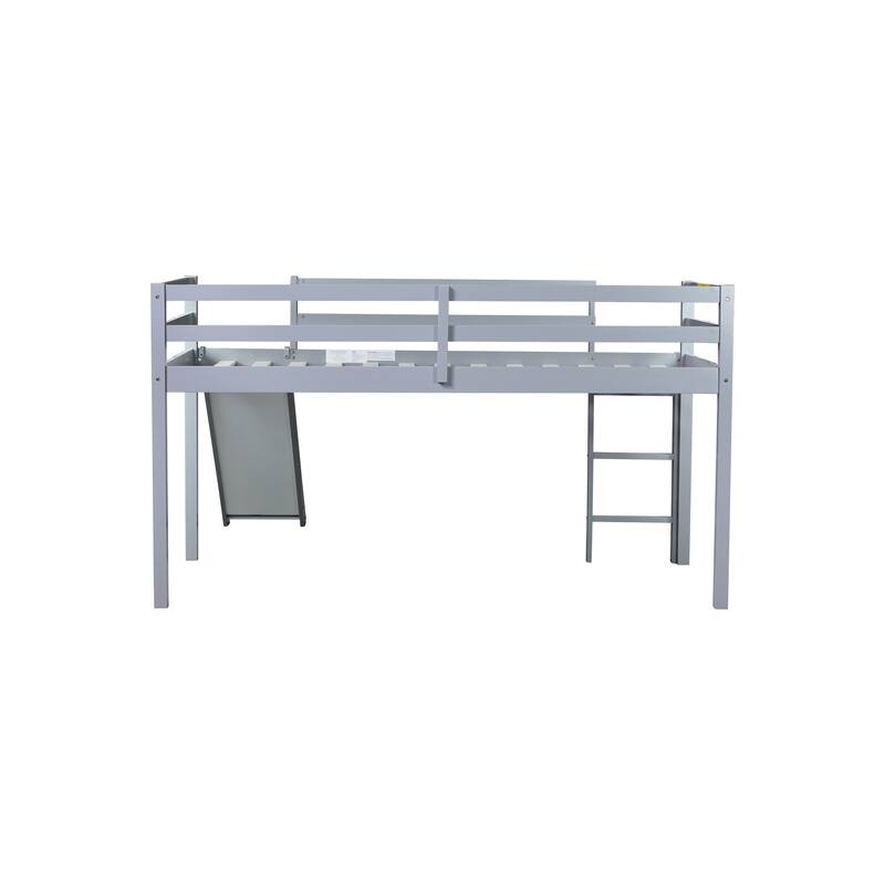 Low Loft Twin Bed with Slide, Ladder, Safety Rails, Rubber Wood Frame, Grey