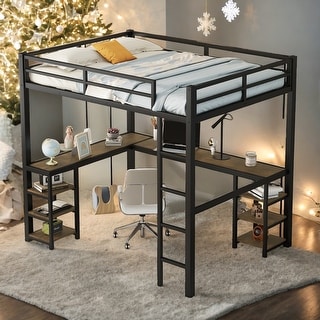 Elegant Full Metal Loft Bed with Desk and Shelves, Loft Bed with Ladder and Guardrails, Loft Bed Frame for Bedroom, Black