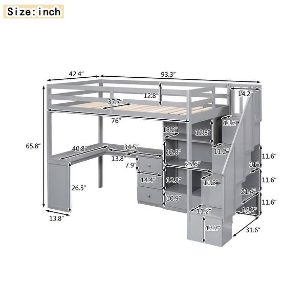 dimension image slide 1 of 2, Twin Size Loft Bed with L-Shaped Desk, Storage Drawers, Cabinet, and Staircase, Space-Saving Design, Grey