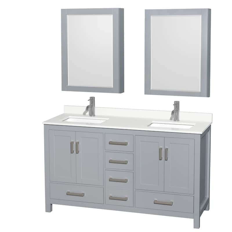 Sheffield 60-inch Double Vanity, Single Hole Quartz Top, Med Cabinets - Gray, Chrome Trim, White Quartz Top