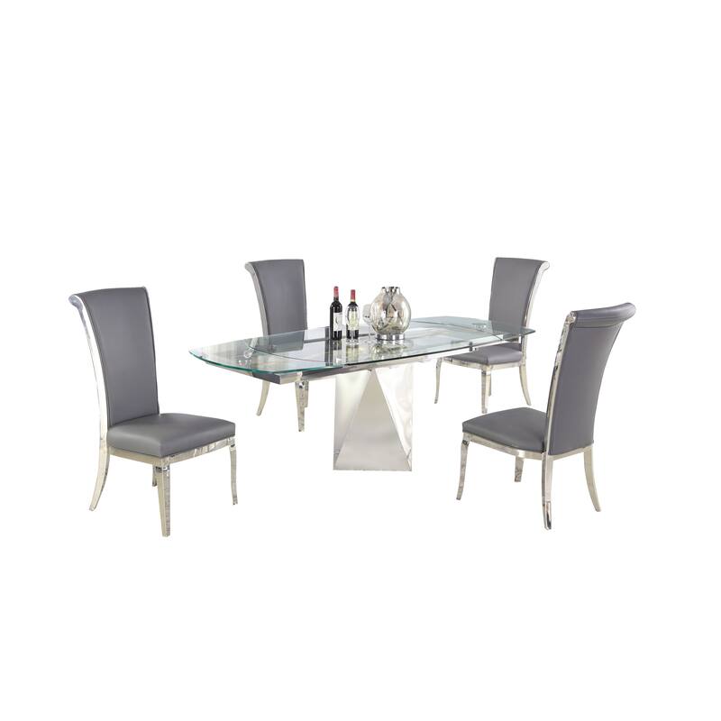 Somette Ariela 5-Piece Dining Set with Motion-Extendable Glass Table and Gray Chairs