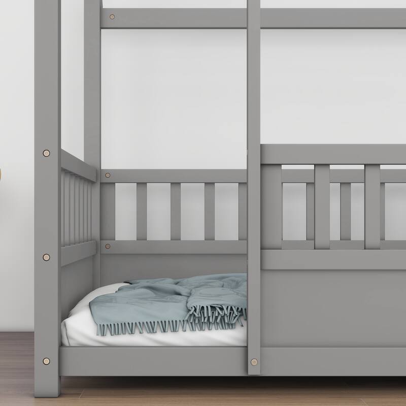 Kids Twin/Full House Bed with Roof Frame, Floor Bed with Fence Guardrails