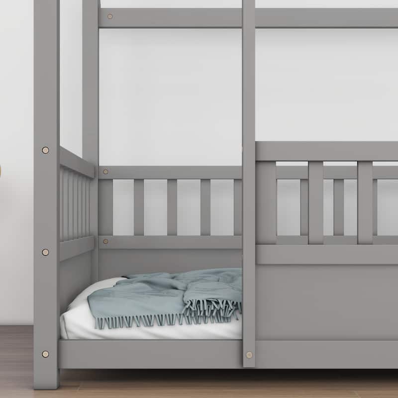 Twin Size Floor Wooden Bed with House Roof Frame, Fence Guardrails,Grey,for Bedroom Guest Room or Home