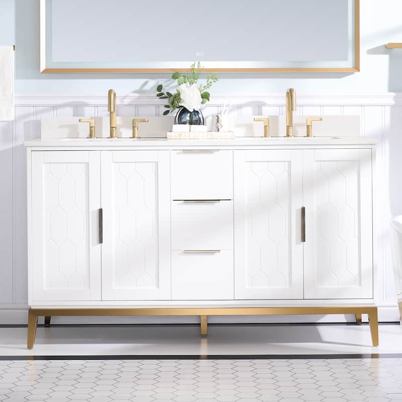 35''H Solid Wood Bath Vanity with Stain-resistant Carrera White Quartz Top and Sink - 60''Wx35''H - White