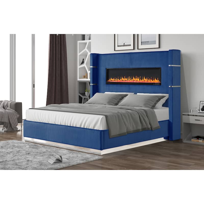 Lizelle Modern Style Queen/King Upholstered Bed with USB Ports, Fireplace Headboard & Made with Wood
