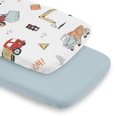 Sweet Jojo Designs Red and Blue Construction Truck Boy 2 Pack Baby Bassinet Fitted Sheets Transportation Bulldozer Tractor Crane