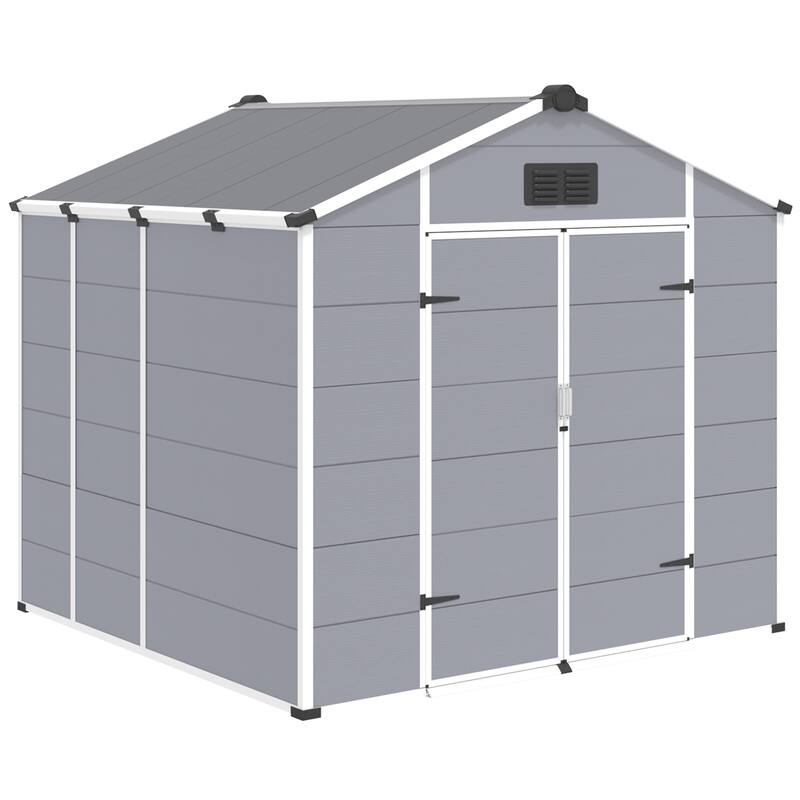 EROMMY Outdoor Storage Shed with Built-In Floor, Lockable Double Doors & Sloped Roof, Gray/Black