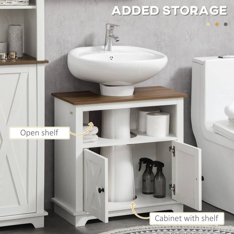 Farmhouse Pedestal Sink Cabinet, Compact Bathroom Storage with Double Doors, Open Shelf, U-Shaped Design