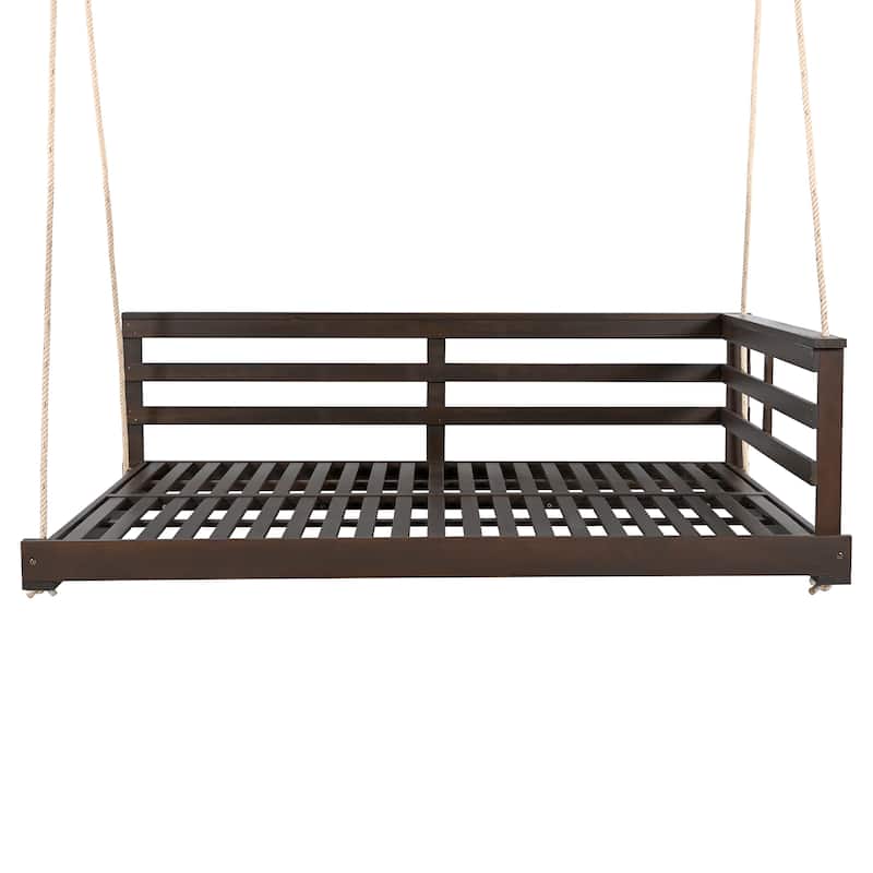 Topmax Acacia Wood Porch Swing Bed For Outdoor With Hemp Ropes - Full Size Patio Hanging Bed (Excluding the table)