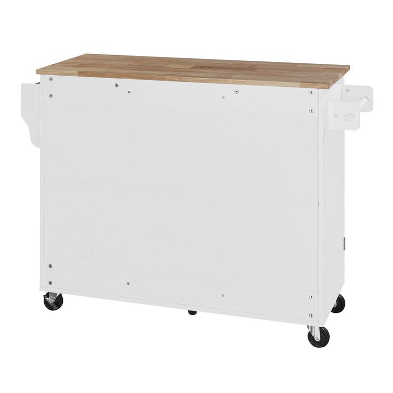 50'' Rubber Wood Kitchen Island with 3 Drawer, Rolling Wheels, 2 Slide-Out Shelf and Internal Storage Rack