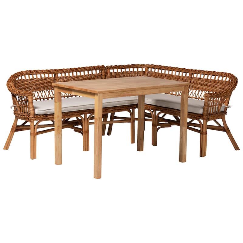 Nella Bohemian Natural Brown Finished Wood and Rattan 3-Piece Dining Nook Set