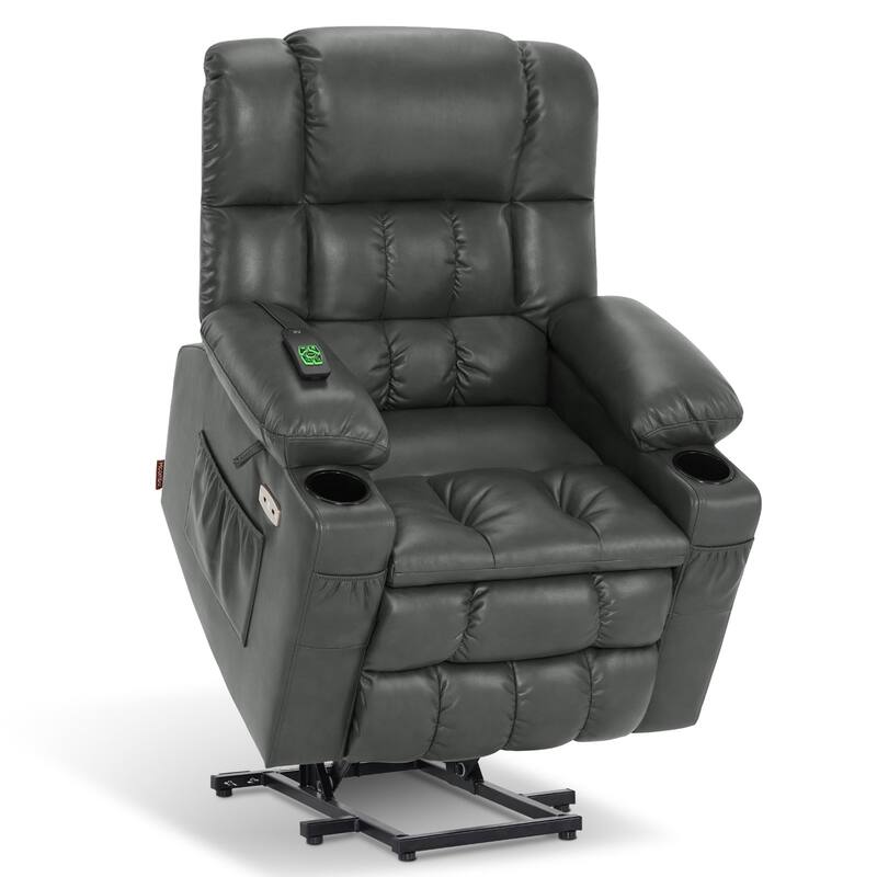 MCombo Medium Dual Motor Power Lift Recliner Chair Infinite Position, Massage and Heat, Extended Footrest, Faux Leather 7890 - Grey