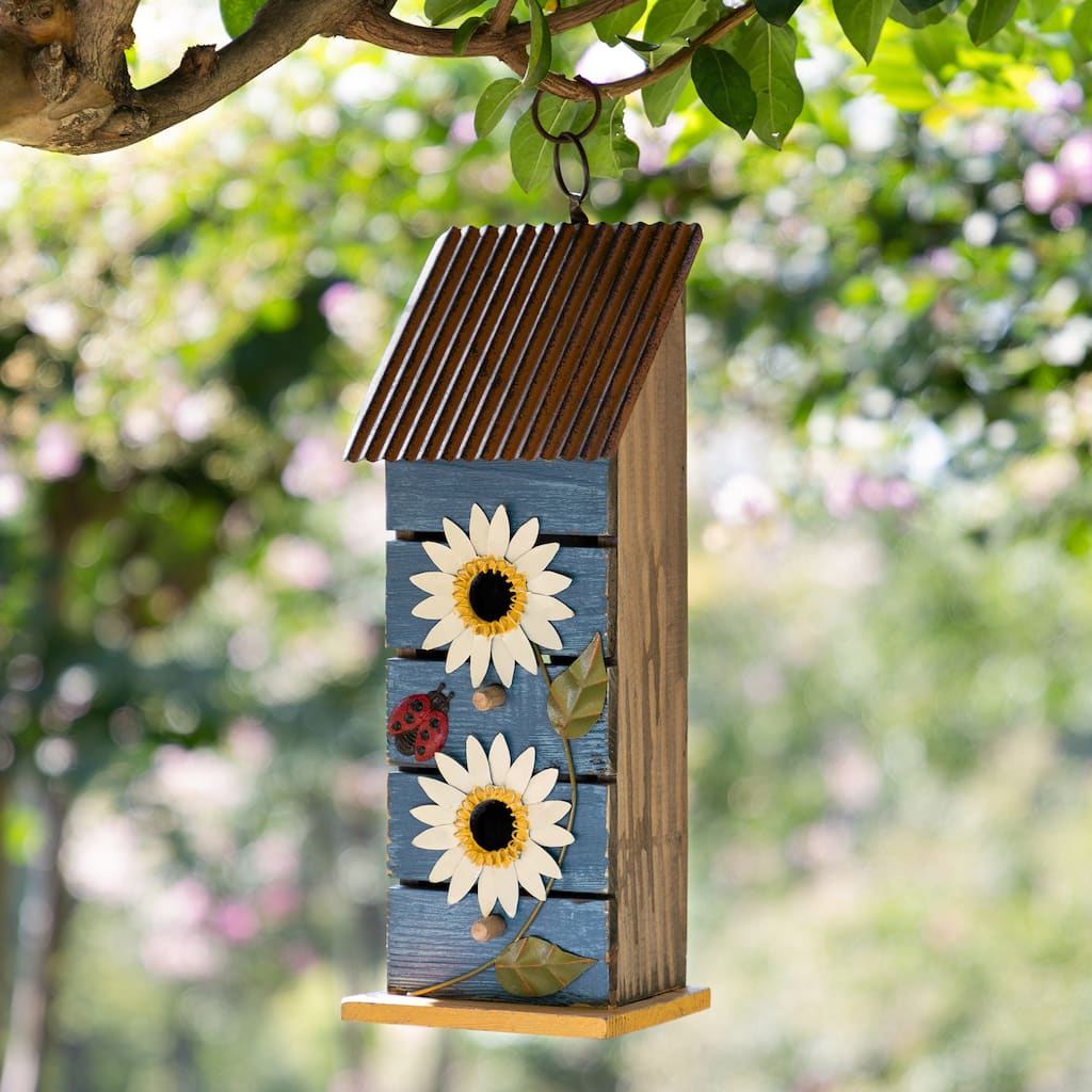 Glitzhome 15"H Washed Blue 2-Tiered Solid Wood and Metal Daisy Decorative Outdoor Garden Birdhouse