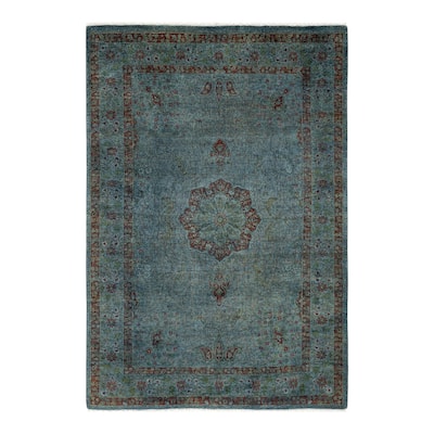 Overton Hand Knotted Wool Vintage Inspired Modern Contemporary Overdyed Blue Area Rug - 4' 2" x 6' 0"