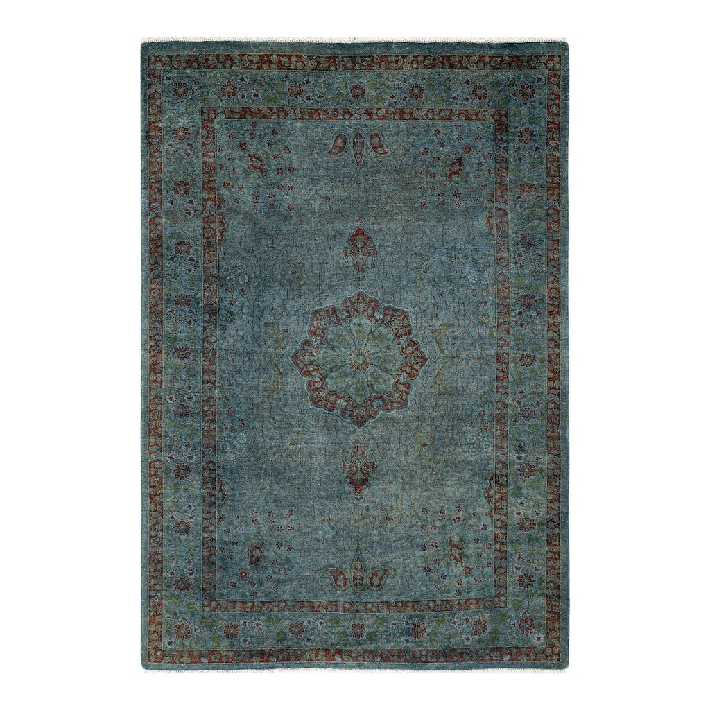 Overton Hand Knotted Wool Vintage Inspired Modern Contemporary Overdyed Blue Area Rug - 4' 2" x 6' 0"