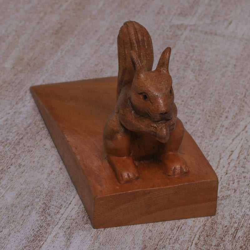 Novica Handmade Helpful Squirrel In Brown Wood Doorstop