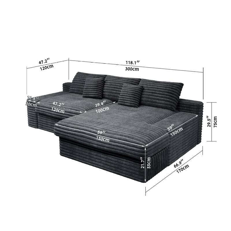 Roomfitters 118.1" Modular Sectional Sofa, 2-Piece Compressed Cloud Couch, No Assembly Required, Plush Corduroy, Grey