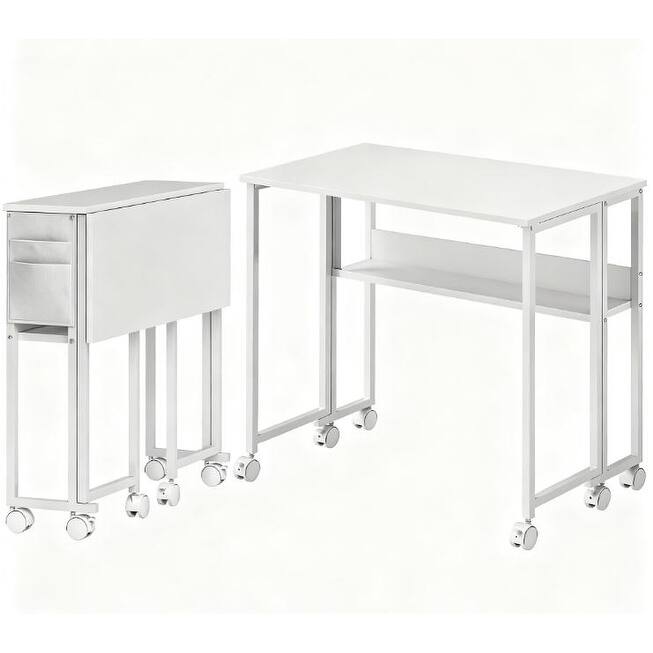Folding Computer Desk,with Storage Bag, Shelf and Wheels for Small Spaces, Home Office