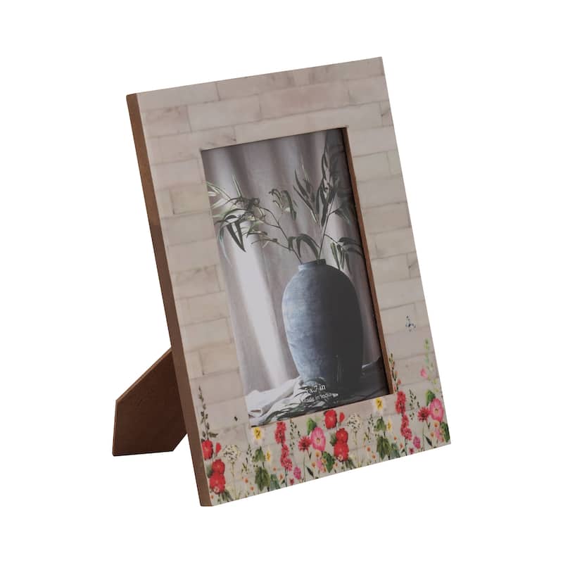 Sagebrook Home Neutral Textured Resin Rectangle Pink Flower Field Photo Frame