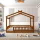 preview thumbnail 3 of 7, Kids House Bed with Roof & Fence, Pine Wood Bed Frame,Walnut - Full