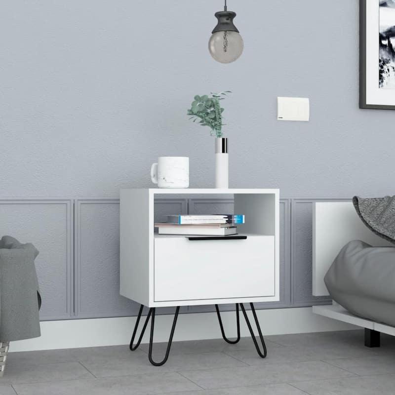 Nightstand 22"H,One Open Shelf,Single Door Cabient,Hairpin Legs,for Bedroom,Hallway,Nightstand Bedside Table Furniture - White