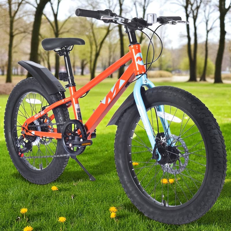 20 Inch Kids Fat Tire Mountain Bike, Boys & Girls 7-Speed Shimano with Dual Disc Brakes & Suspension Fork - Orange