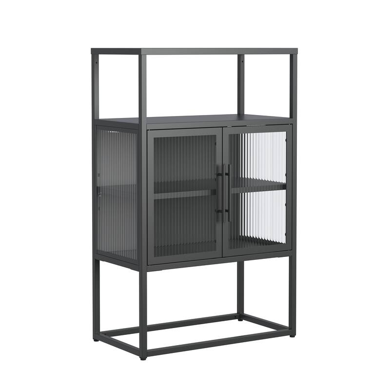 Benvolio 41.34-inch Black Two Door Metal Storage Cabinet with Fluted Clear Doors and Above Cabinet Display - 41.34