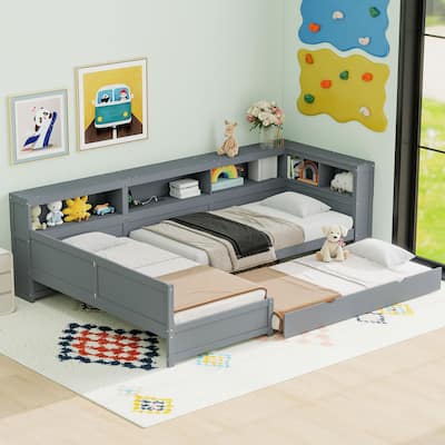 Wooden L-shaped Bed Frame Built-in Storage Cabinets Twin Size Platform Bed with Trundle Bed and Drawer, Storage Captains Bed
