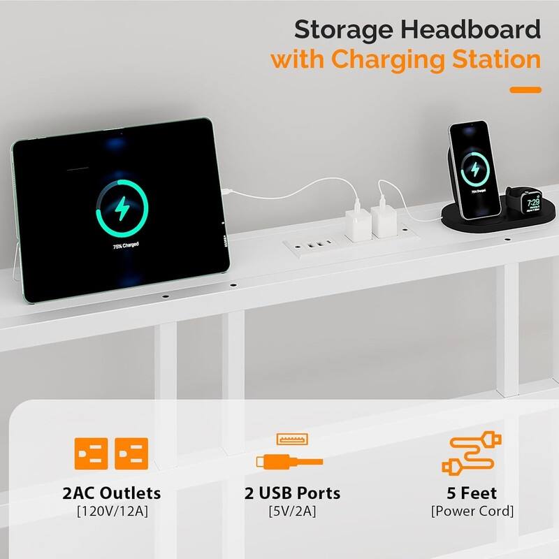 Twin Metal Platform Bed Frame with Storage Headboard,LED Lights,Charging Station,Wooden Storage Shelf,Underbed Storage Space