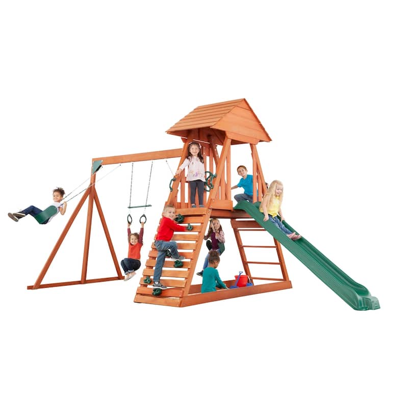 Cedar Chalet Wooden Swing Set with Slide, Climbing Wall & Ladder - Kids - Climber/Swing Set