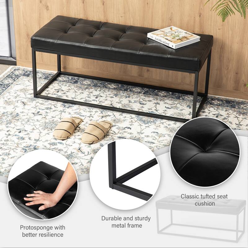 Glitzhome 45"W Modern Black Tufted Upholstered Bench with Metal Frame Legs - 45"W x 19"H x 17.5"D