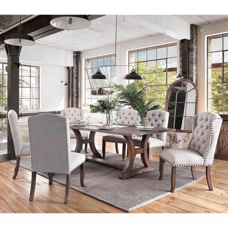 Set of 2 Ivory Fabric Upholstered Dining Chairs in Rustic Oak Finish