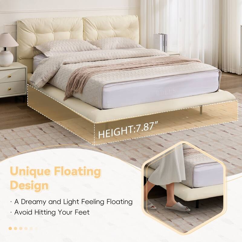 Queen Size Upholstered Floating Platform Bed Frame with LED Lights with Button-tufted Headboard