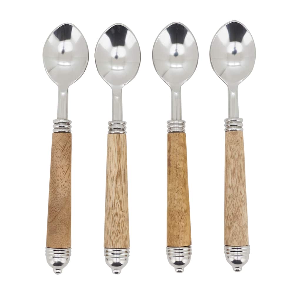 Mango Wood Handle Teaspoons (Set of 4) - Stainless Steel Dessert & Coffee Spoons for Dining & Entertaining